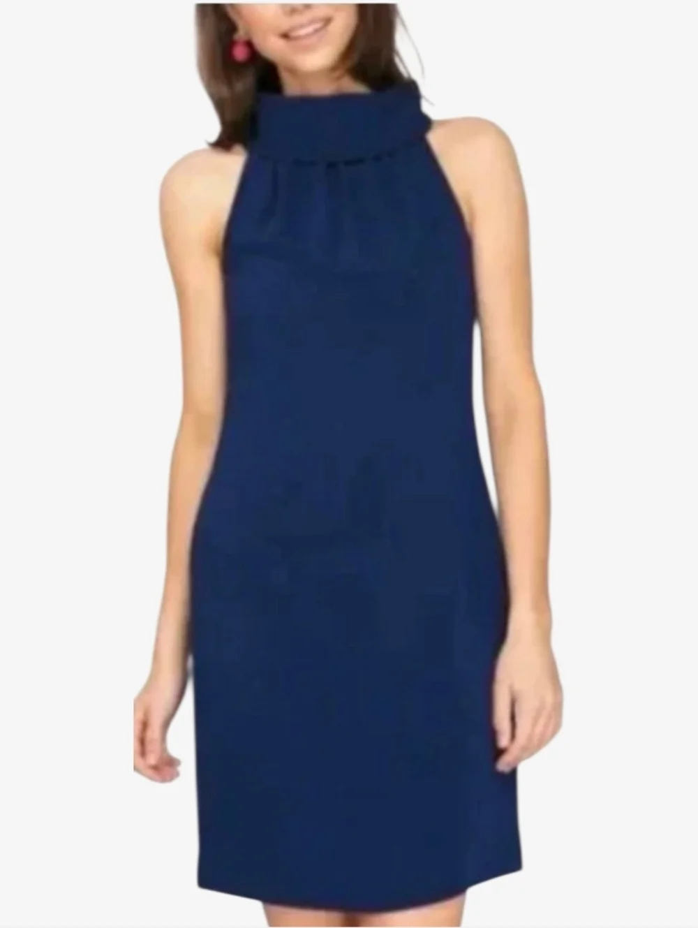 STS Sail to Sable Navy Cowl Neck Sheath Dress Medium Sleeveless Back Button New